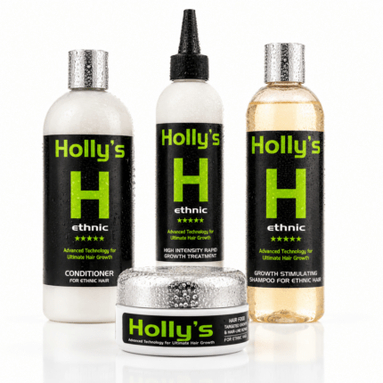 Holly's Ethnic Hair Growth Combo including Growth Stimulating Shampoo, Repair & Protect Conditioner, Rapid Growth Treatment and Hair Food for balding and receding hairlines.