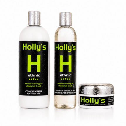 Holly's Ethnic Hair Growth Combo featuring Growth Stimulating Shampoo, Conditioner and High-Intensity Hairfood Targeted Treatment for Afro and ethnic hair.