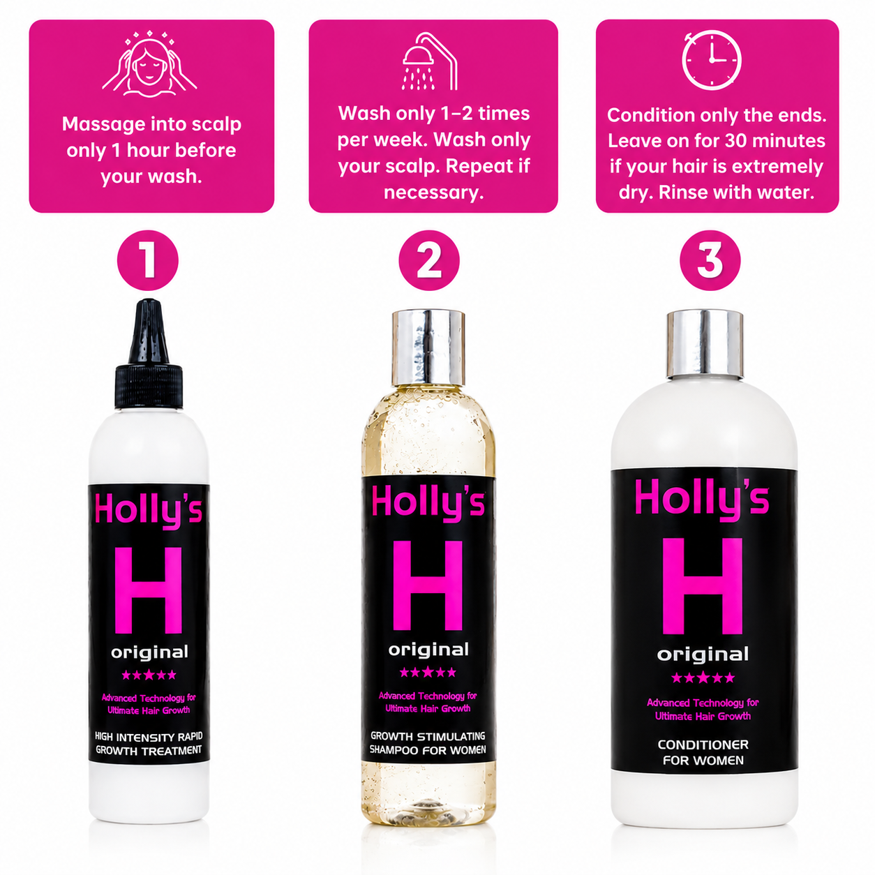 Hollys Hair Growth routine for women with rapid growth treatment shampoo and conditioner instructions