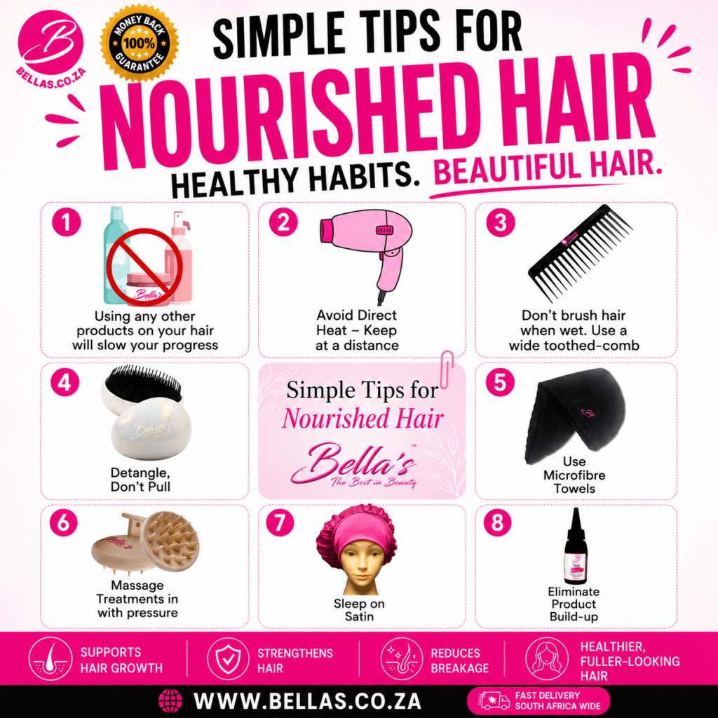 Simple Tips For Nourished Hair | Bellas.co.za Simple tips for nourished hair including satin sleeping microfiber towels and reducing hair breakage