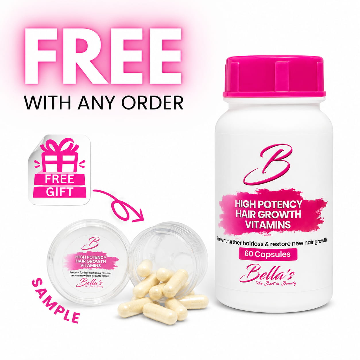 FREE Hair Growth Vitamin Sample with Any Order | Bellas Free Hair Growth Vitamin Sample with Any Order | Bellas High Potency Hair Growth Vitamins South Africa