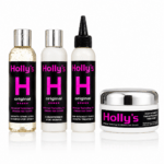 Holly’s hair growth combo including shampoo, conditioner, rapid growth treatment and targeted hair treatment on white background