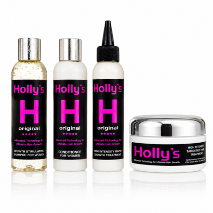 Holly’s hair growth combo including shampoo, conditioner, rapid growth treatment and targeted hair treatment on white background