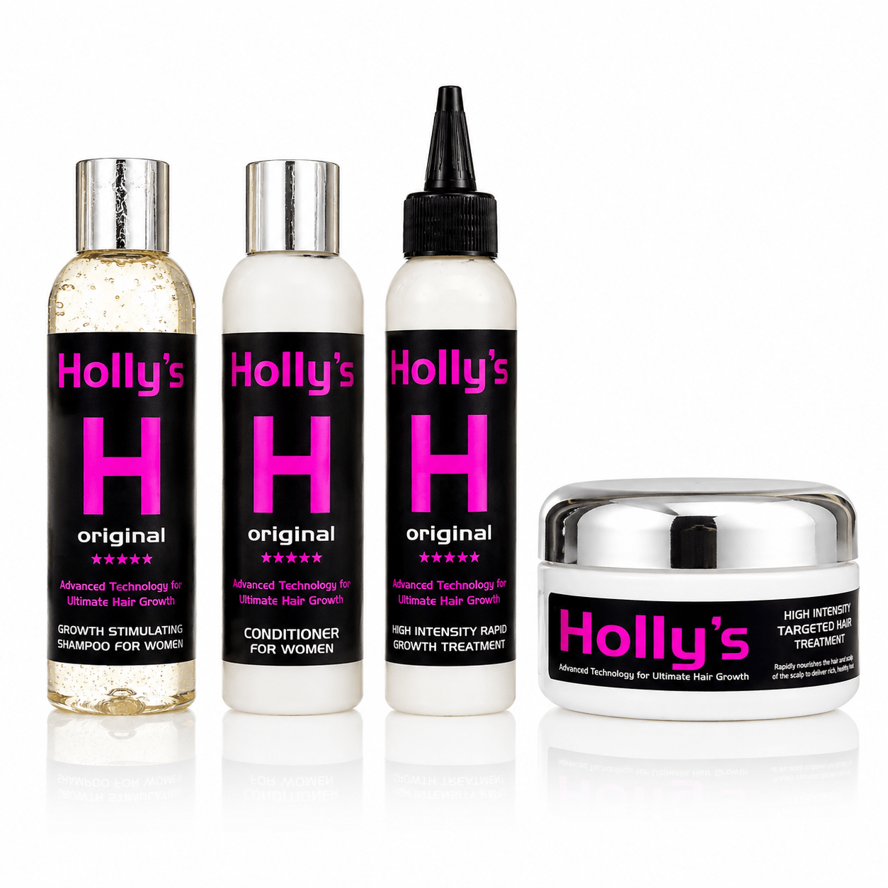 Holly’s Hair Growth Combo Set Holly’s hair growth combo including shampoo, conditioner, rapid growth treatment and targeted hair treatment on white background