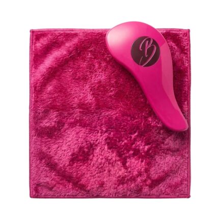 Pink Mongolian fleece face cloth with detangling hair brush set by Bellas, ultra-soft skincare and hair care combo