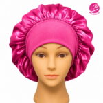 Bella's Satin Bonnet with Band in Pink front view for protecting hair while sleeping
