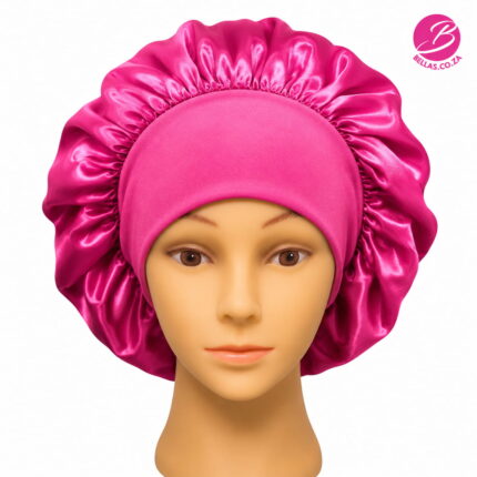 Bella's Satin Bonnet with Band in Pink front view for protecting hair while sleeping