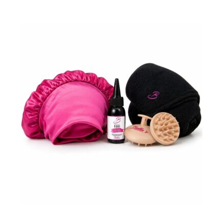 hair care bundle for dry and breaking hair with bonnet scrubber shampoo and towel