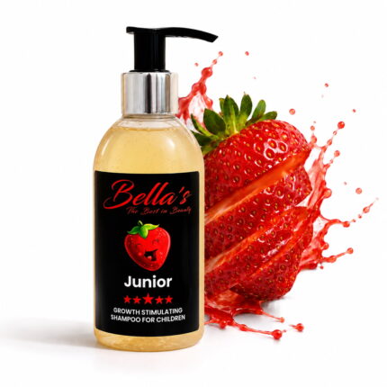 Bella's Junior Strawberry Growth Stimulating Shampoo with fresh strawberries highlighting natural strawberry extract for children's hair.