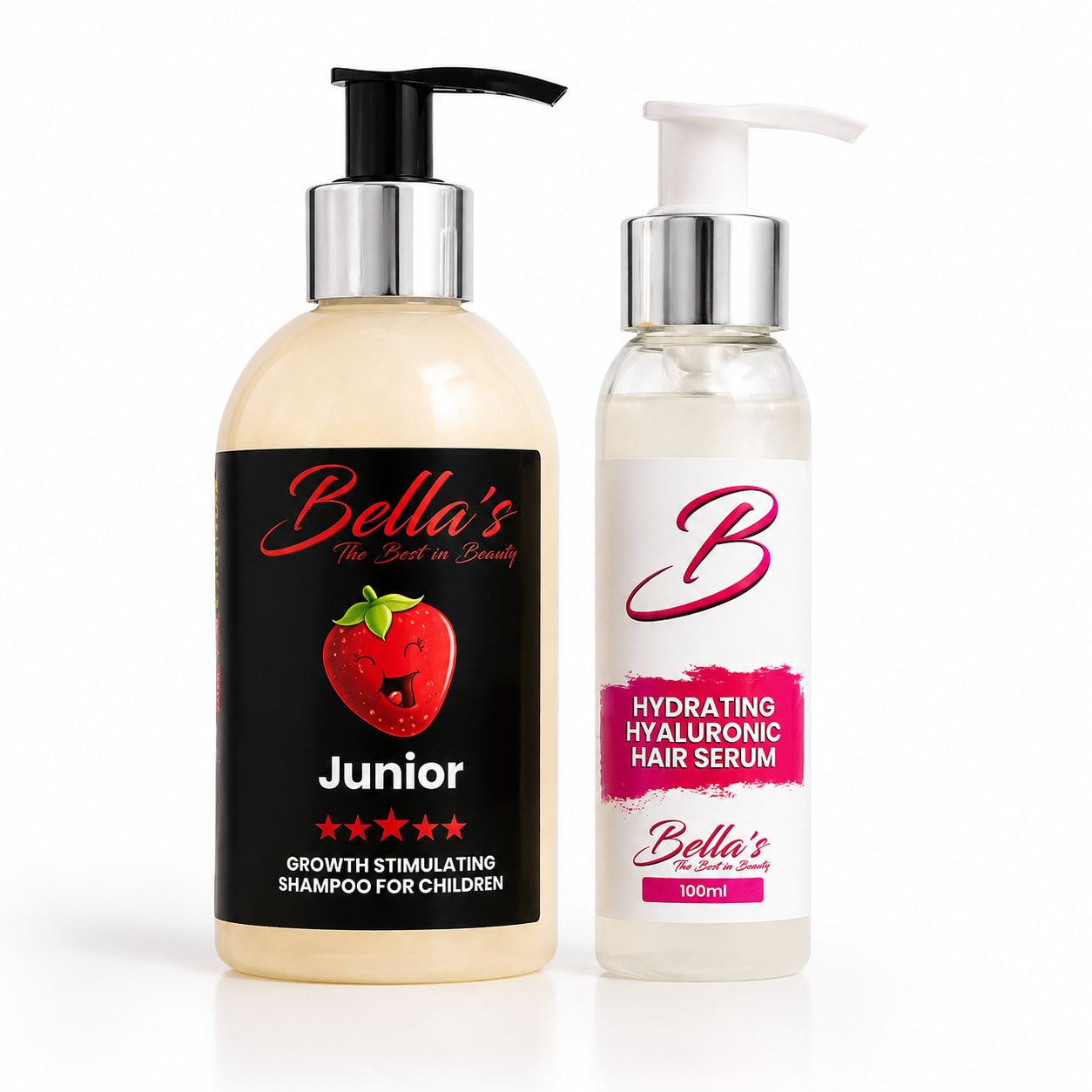 Junior Strawberry Shampoo & Hydrating Hyaluronic Hair Serum | Bella's Beauty Bella's Junior Strawberry Growth Stimulating Shampoo and Hydrating Hyaluronic Hair Serum for healthy, hydrated children's hair.