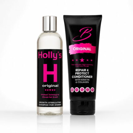 Bellas Hair Repair & Growth Combo including Growth Stimulating Shampoo and Repair & Protect Conditioner with Keratin and Collagen for dry and damaged hair.