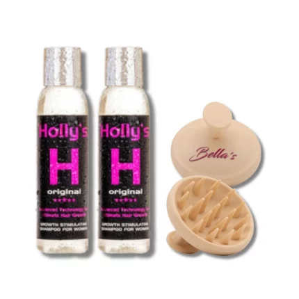 Bundle of two 100ml Bellas Hair Growth Activating Shampoos with purple scalp scrubber for stimulation and cleansing