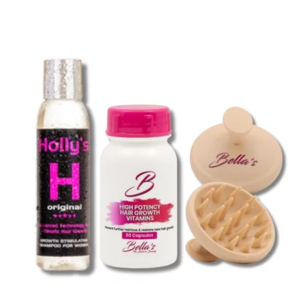 Hair growth combo with 100ml shampoo, 60-capsule vitamin bottle, and scalp massager from Bellas Hair
