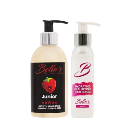 Product combo of Bellas Junior Strawberry Aloe Shampoo and Hyaluronic Serum for dry hair in kids