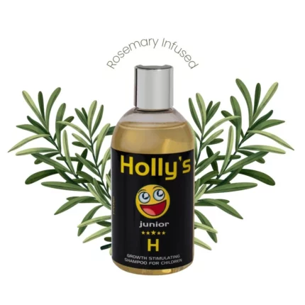 Bottle of Holly’s Gentle Stimulating Shampoo for Juniors with rosemary leaves in the background