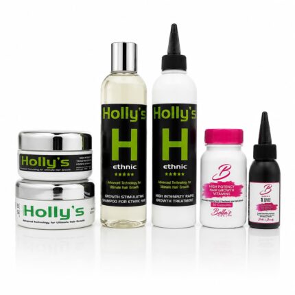 Bellas Ethnic Hair Growth Complete Range including shampoo, hair growth treatment, hair food, vitamins and detox shampoo.