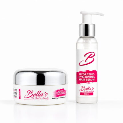 Bellas Rescue My Hair combo with deep conditioning hair mask and hydrating hyaluronic serum for dry and damaged hair.