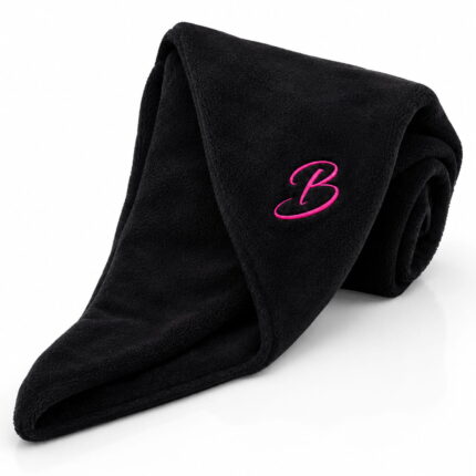 Bella's Black Hooded Double-Sided Microfiber Head Towel with easy clip button for quick drying and reducing frizz.