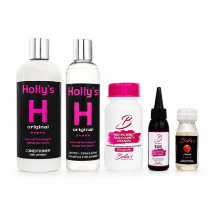 Boost Hair Growth Combo including shampoo, conditioner, hair growth vitamins, One Wash Detox and Junior Strawberry shampoo sample.