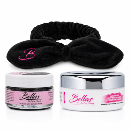 hair and skin care bundle with charcoal mask conditioner and headband Bellas
