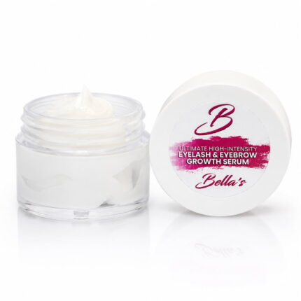Bella's Eyelash & Eyebrow Growth Serum main product image featuring the growth serum jar for naturally longer eyelashes and fuller eyebrows.