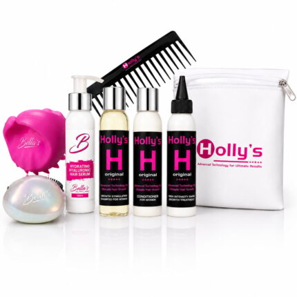 Bella's Hair Growth for Knotted & Dry Hair Bundle with shampoo, conditioner, rapid growth treatment, hyaluronic hair serum, detangling brush, scalp scrubber, wide-toothed comb and waterproof toiletry bag.