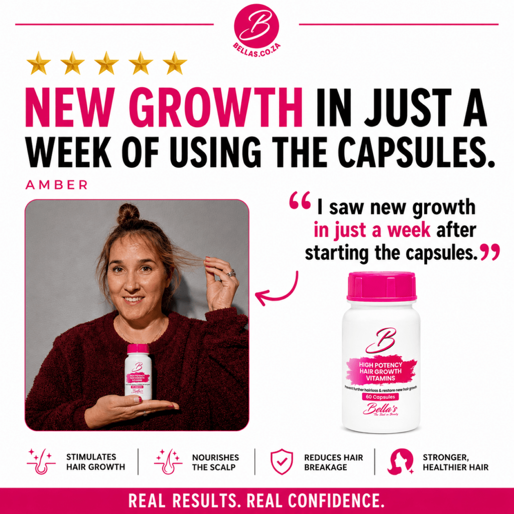 Customer review showing new hair growth after one week of using Bellas High Potency Hair Growth Vitamins 60 Capsules.
