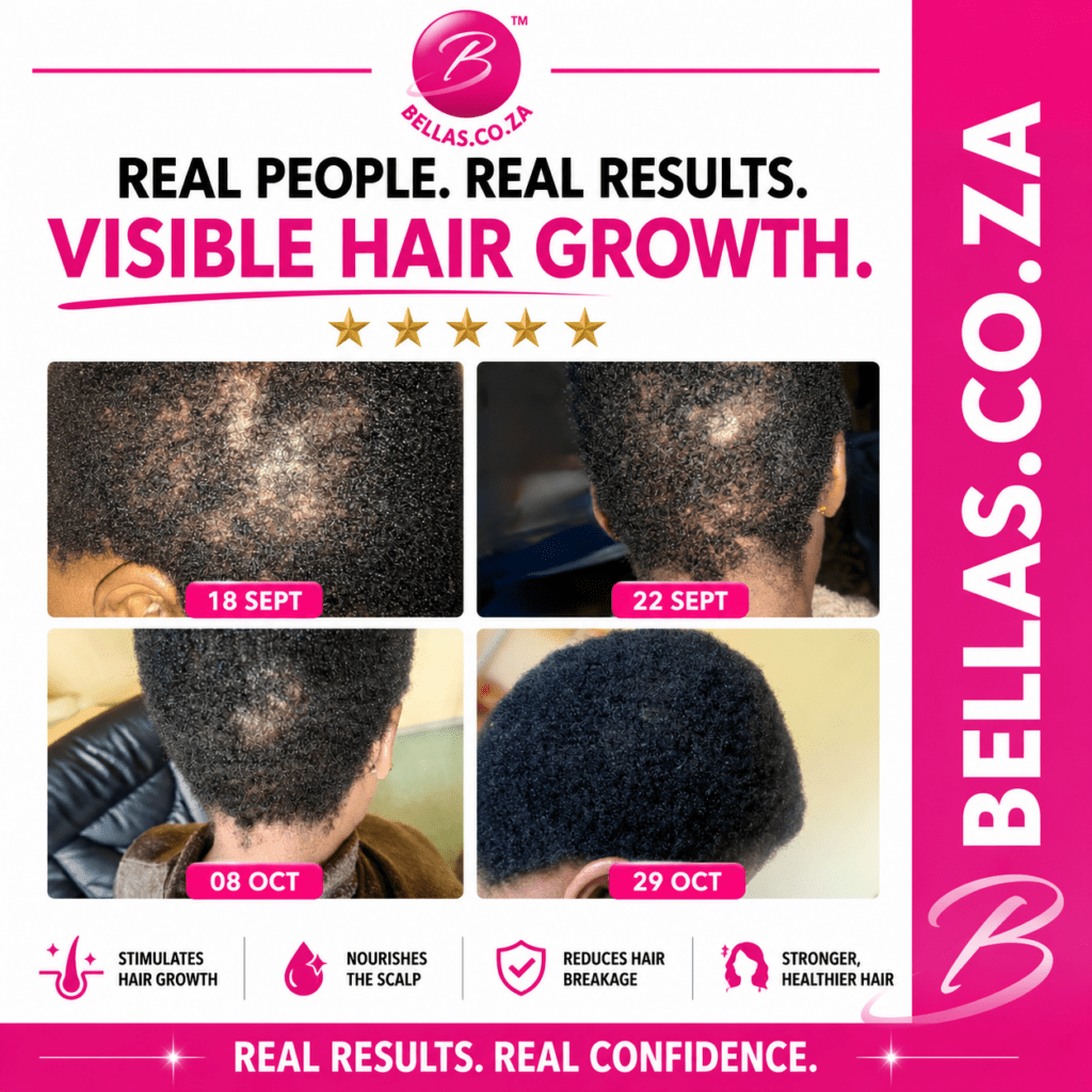 Real customer afro hair growth results showing visible regrowth and improved hair density using Holly's Hair Growth Range over six weeks.
