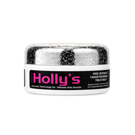 Holly's High Intensity Targeted Hair Treatment hair growth mask in white tub with silver lid for nourishing the scalp and promoting stronger, healthier hair.