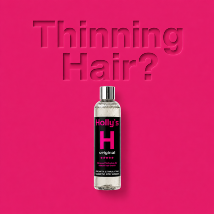 Hollys shampoo for thinning hair on bright pink background with etched Thinning Hair text