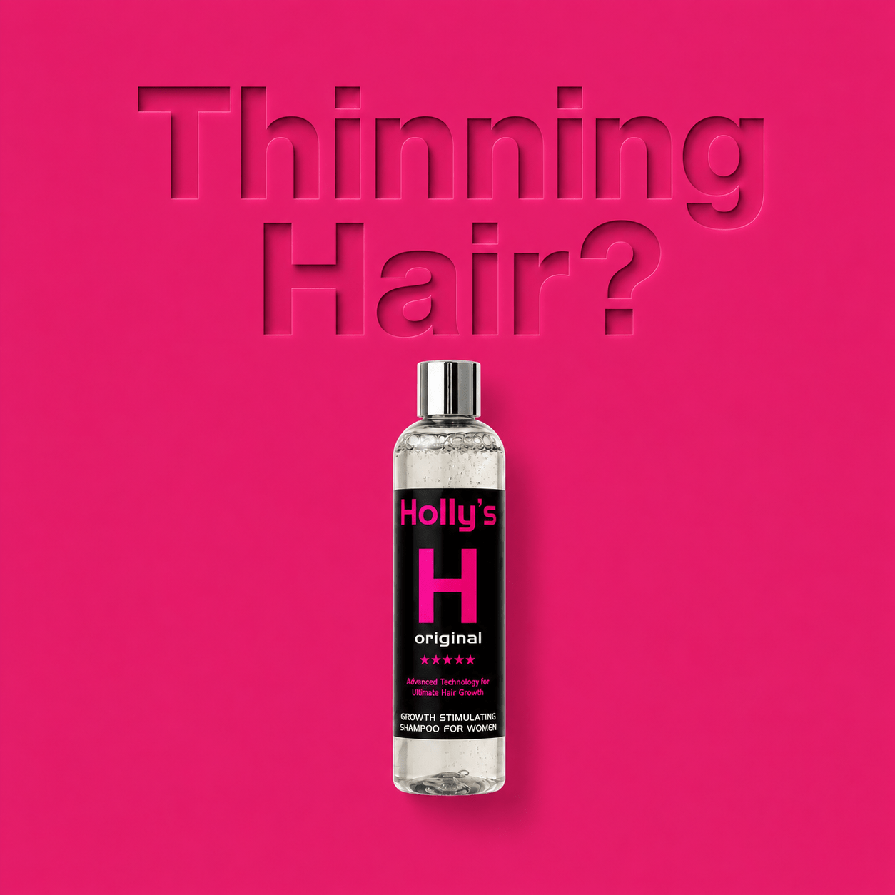 Hollys shampoo for thinning hair on bright pink background with etched Thinning Hair text