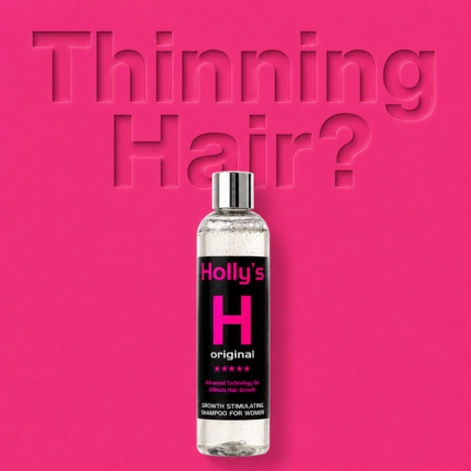 Hollys shampoo for thinning hair on bright pink background with etched Thinning Hair text