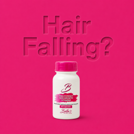 Bellas Hair Falling Vitamins on bright pink background with etched Hair Falling text