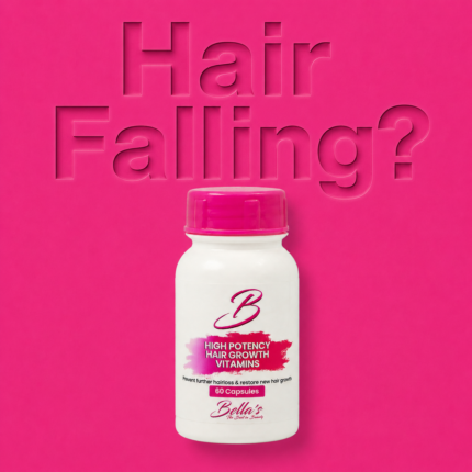Bellas Hair Falling Vitamins on bright pink background with etched Hair Falling text