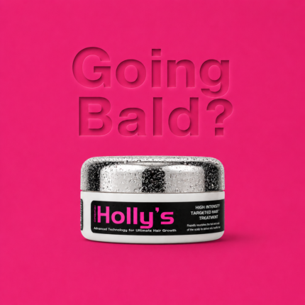 Hollys hair growth treatment for balding on bright pink background