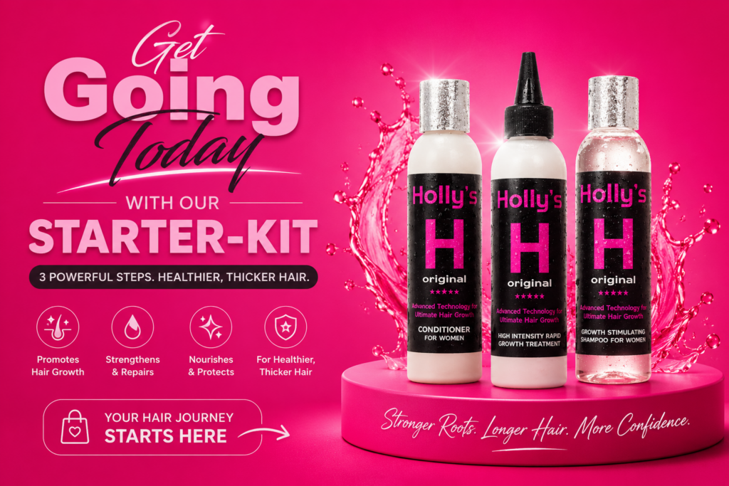 Holly’s Hair Growth Starter Kit banner with shampoo, rapid growth treatment and conditioner on Bellas Pink background for healthier thicker hair