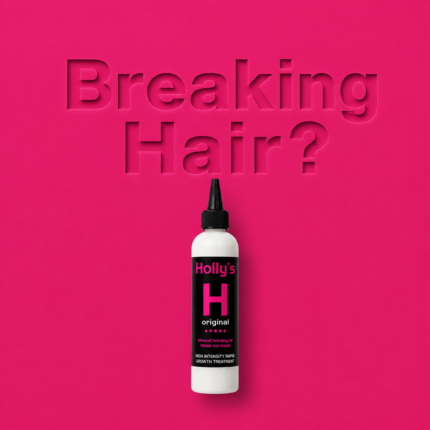 Hollys rapid growth treatment for breaking hair on bright pink background