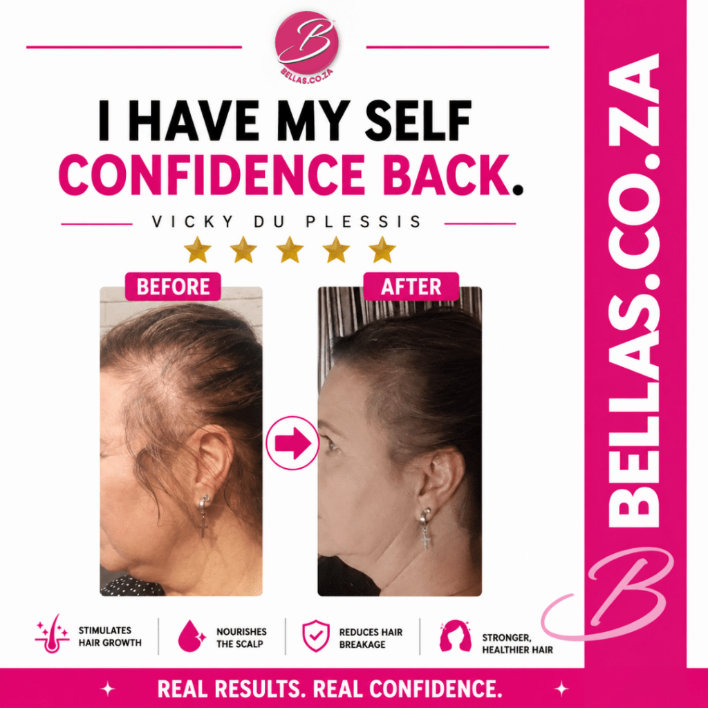 Before and after hair growth review from Vicky du Plessis showing visible regrowth and improved hair density using Holly's Hair Growth Range.