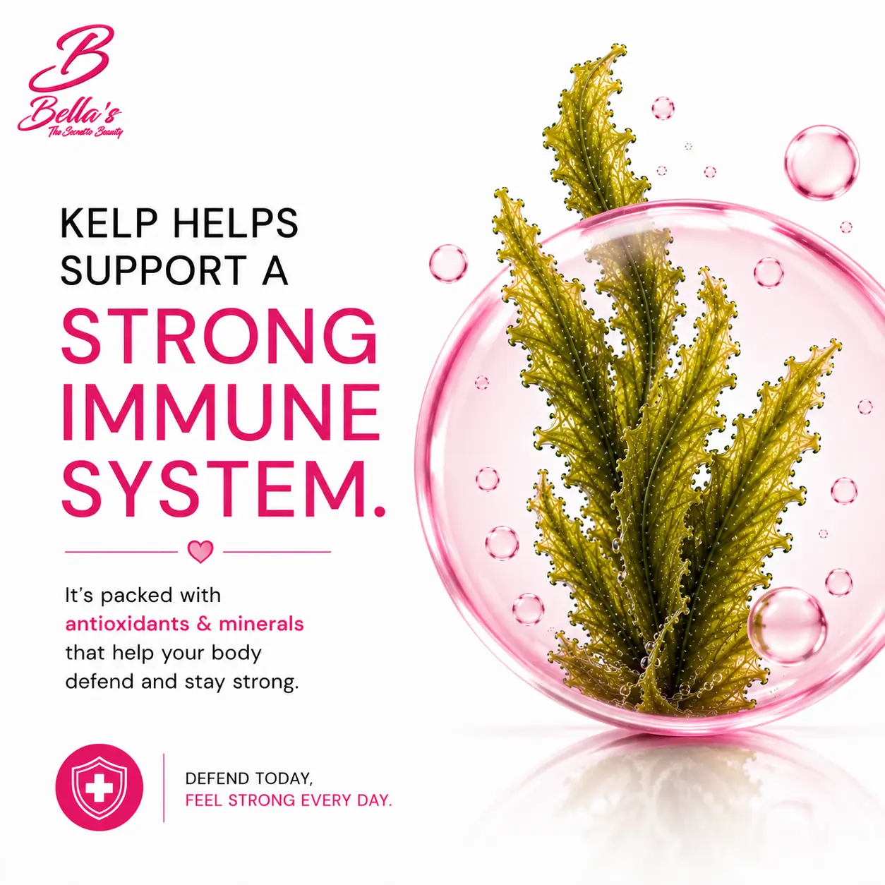 Kelp and essential nutrients featured in Bellas hair growth vitamins