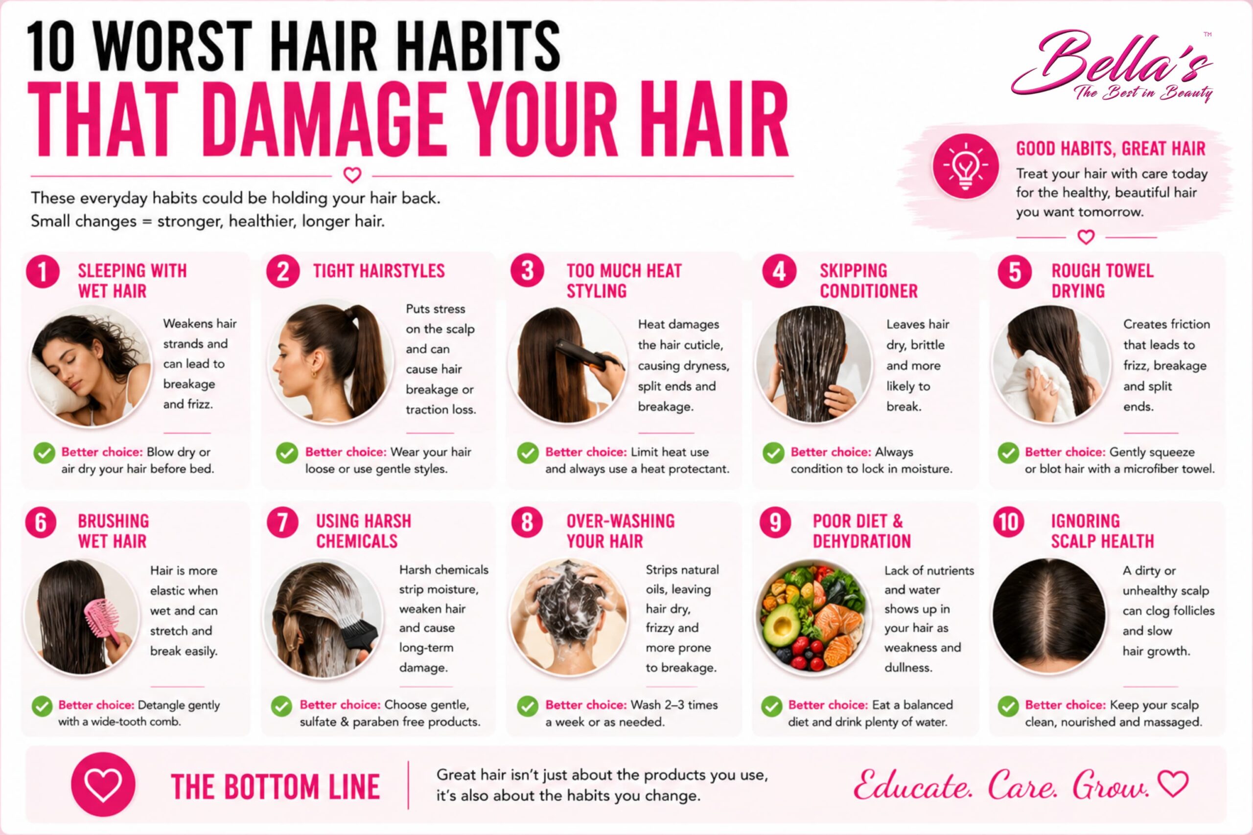 Infographic showing the 10 worst hair habits that can cause hair breakage, dryness, thinning and damaged hair.