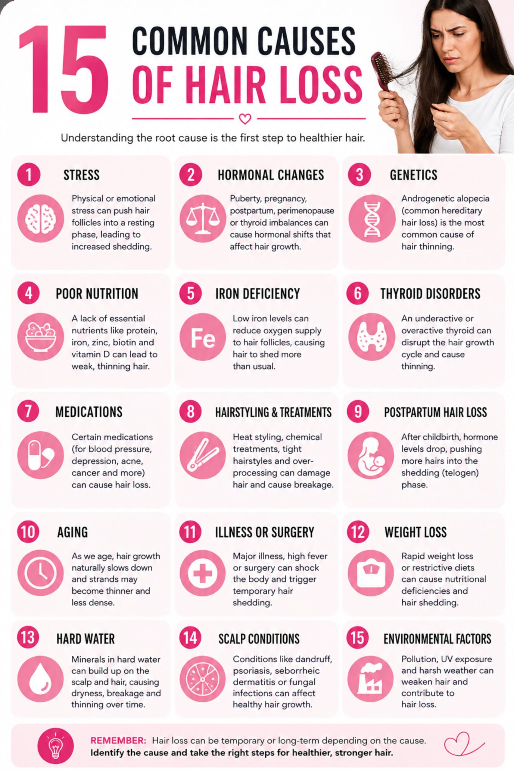 Infographic explaining the 15 most common causes of hair loss in women and men.