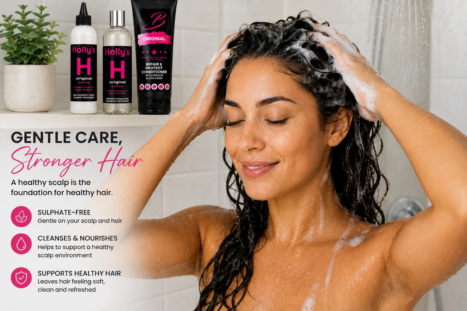 Woman gently washing her hair with shampoo to maintain a healthy scalp and healthier-looking hair.