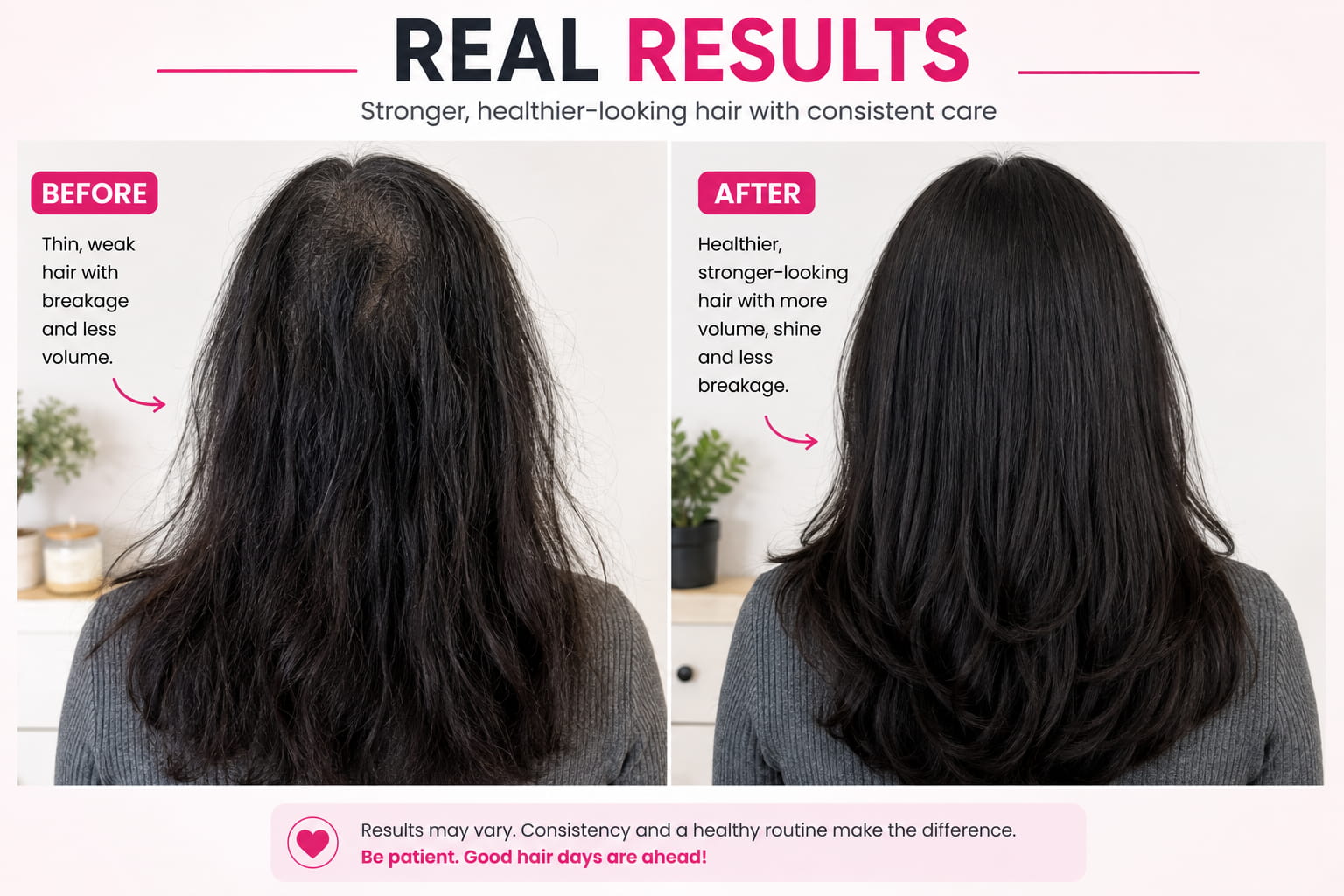 Before and after comparison showing healthier-looking hair with improved thickness, shine and reduced breakage after following a consistent hair care routine.