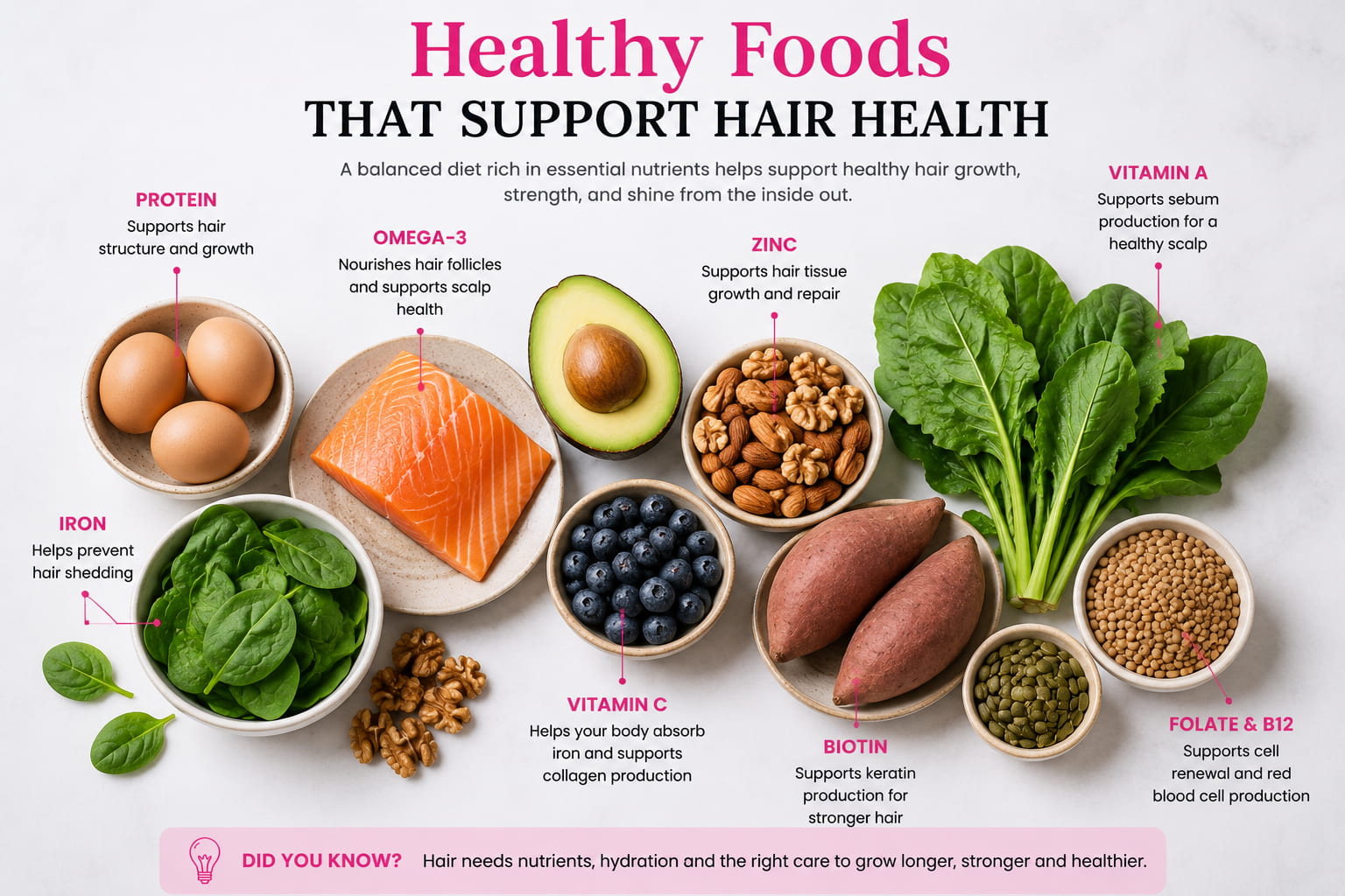 Healthy foods including salmon, eggs, spinach, avocado, berries and nuts that support healthy hair growth and scalp health.