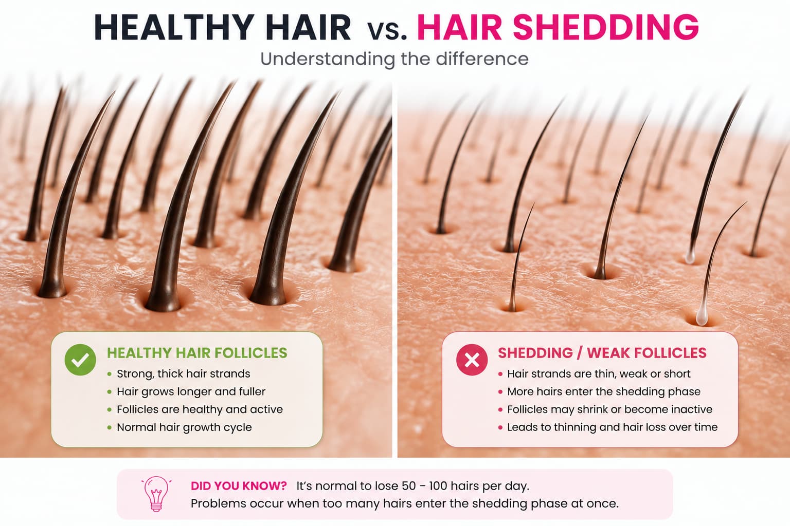 Comparison between healthy hair follicles and excessive hair shedding.