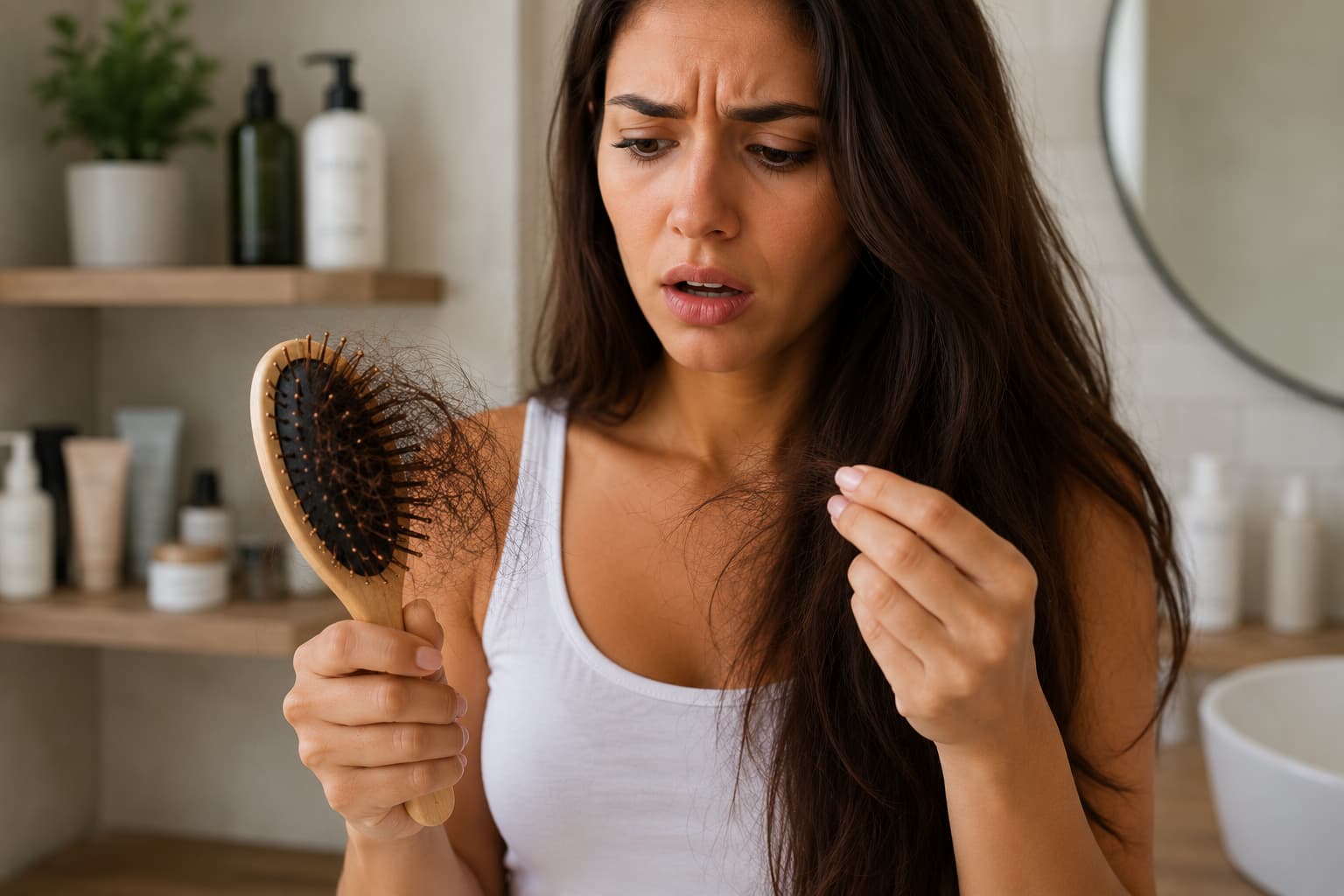 Woman concerned about hair shedding while holding a hairbrush with loose strands.